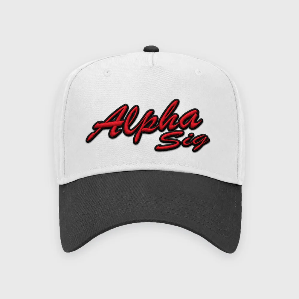 White and black trucker hat with red Alpha Sig script