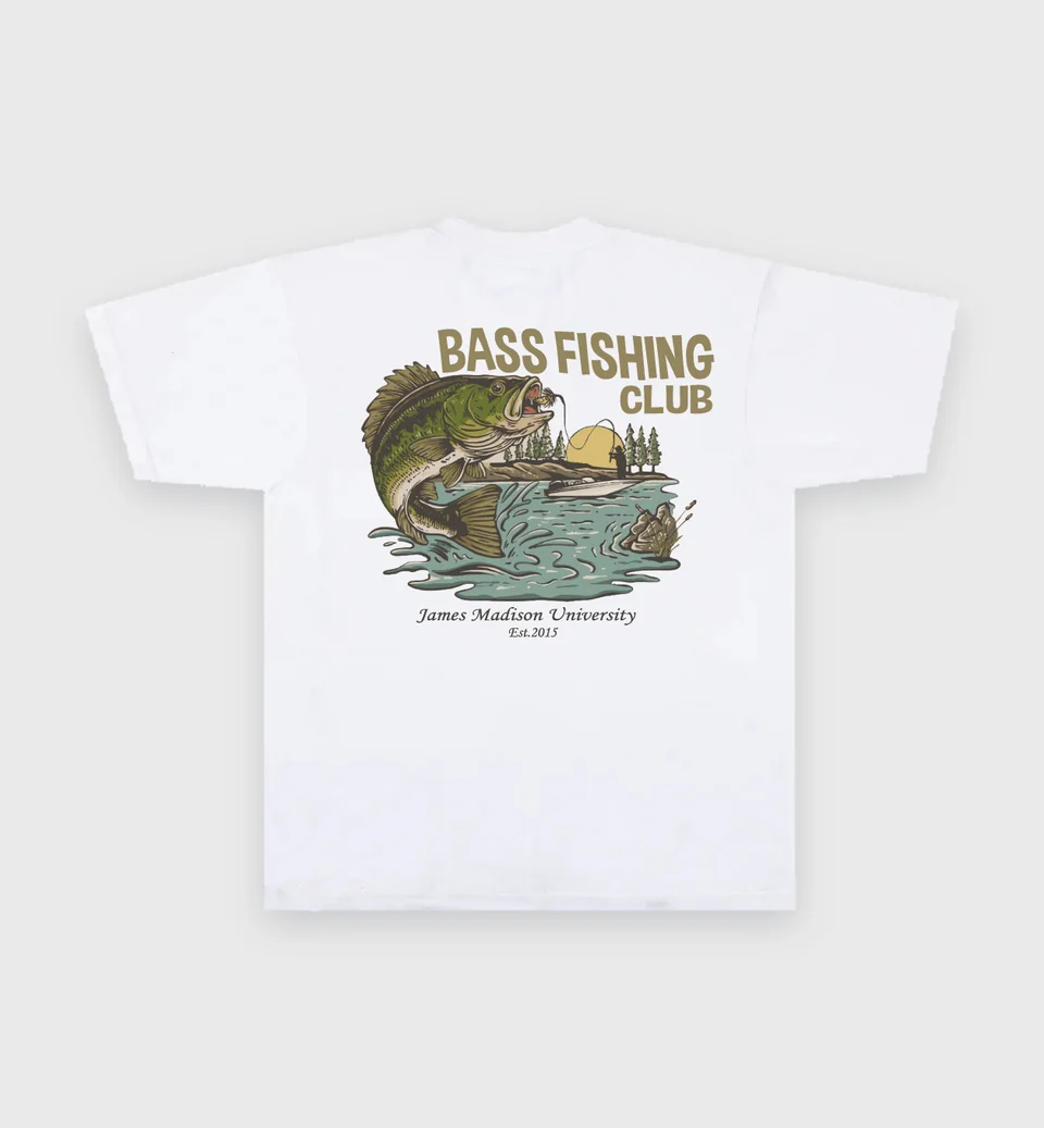 White tee with a Bass Fishing Club graphic on the back