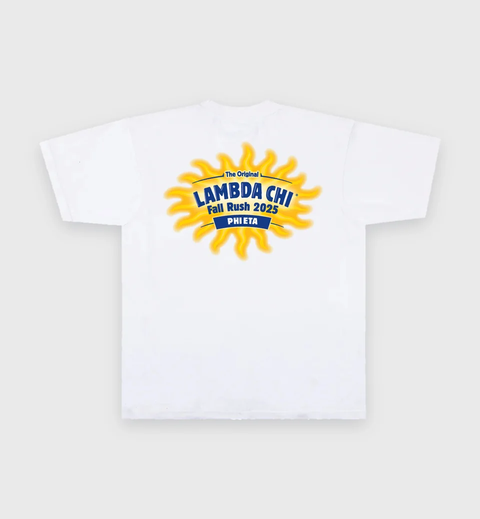 White tee with a Lambda Chi Fall Rush sunburst graphic