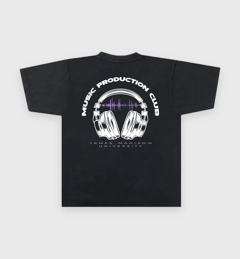 Black tee with a Music Production Club headphones graphic