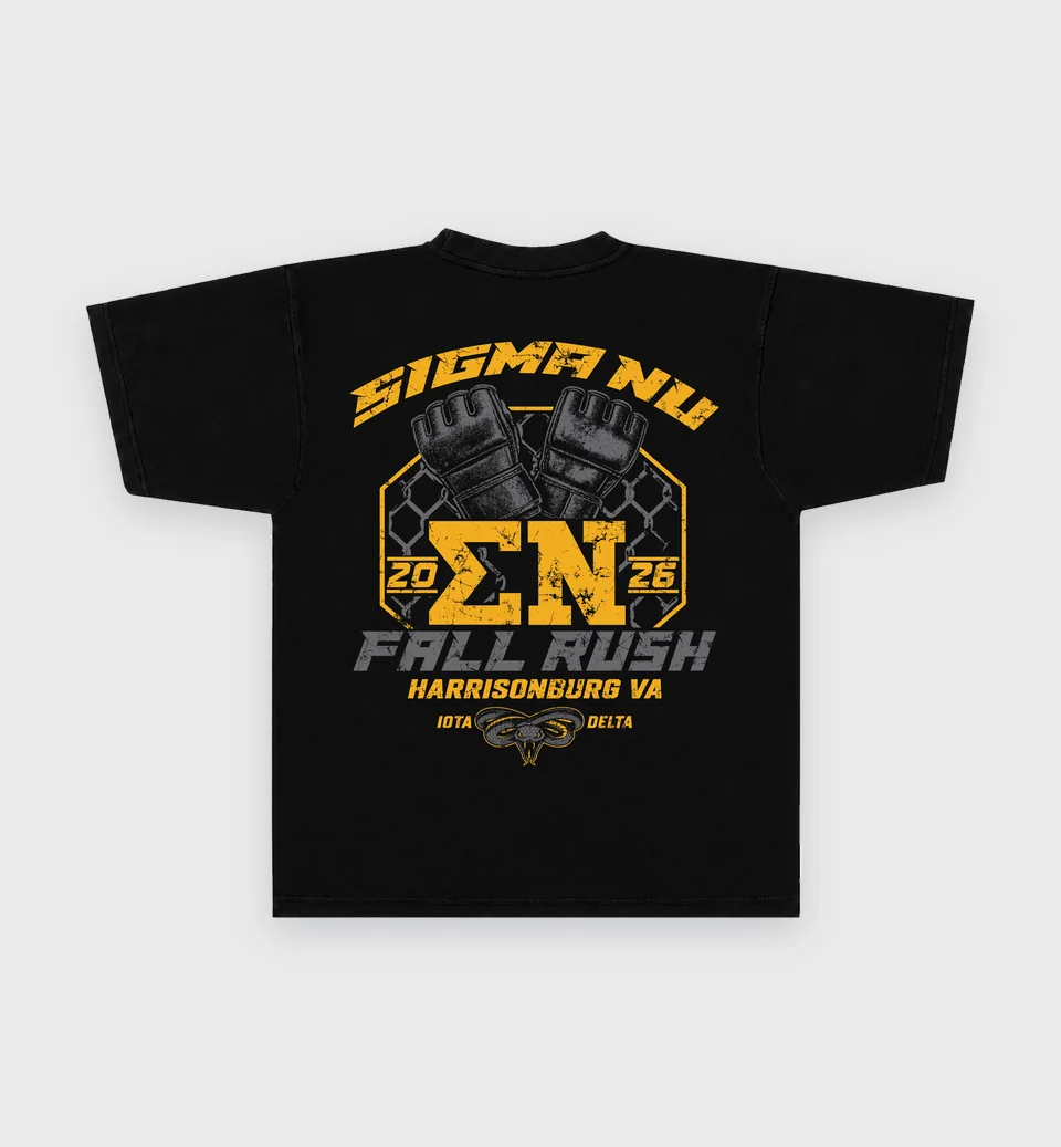 Black tee with a Sigma Nu Fall Rush fight night graphic on the back