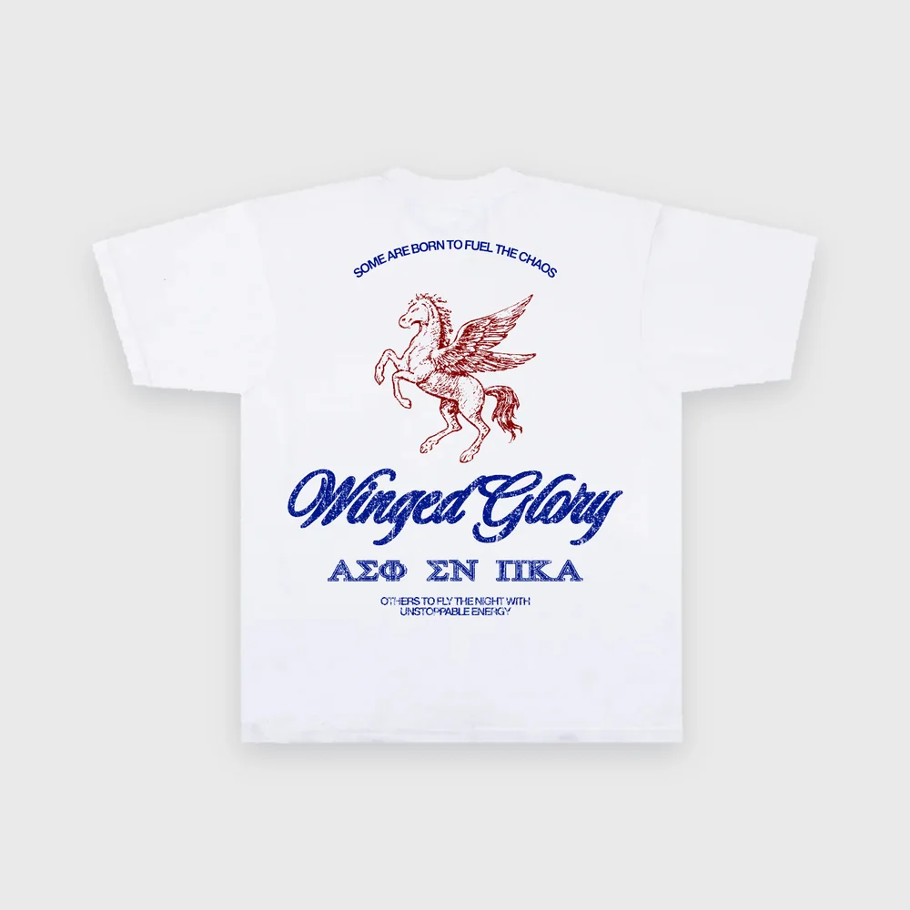 White tee with a red winged horse and Winged Glory script
